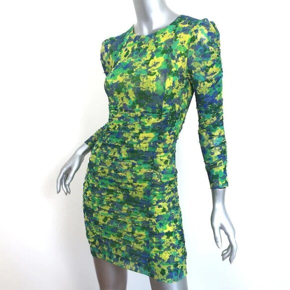 GANNI Ruched Mesh mini dress womens yellow green "Sulphur" dress sz 36 *Zip flaw